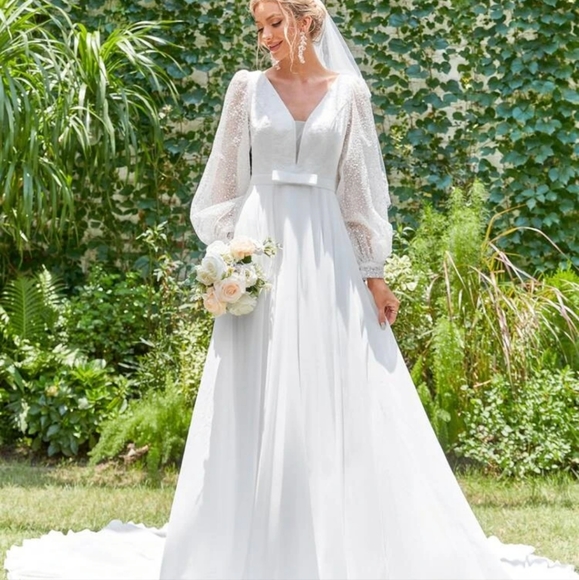 Contrast Mesh V-Neck Lantern Sleeve Chiffon Wedding Dress white - Picture 3 of 10